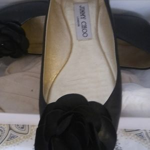 Jimmy Choo black ballet leather flats w flower on